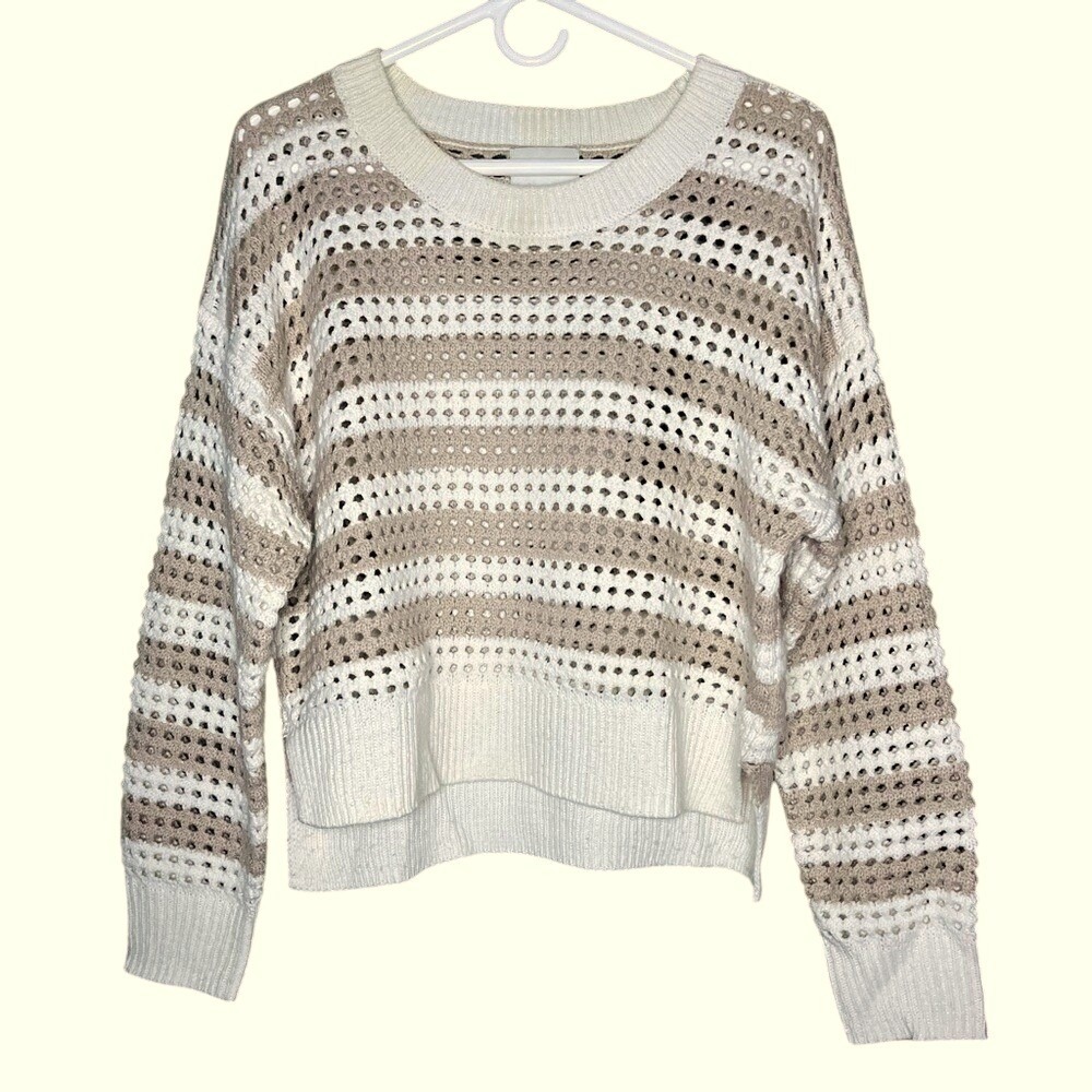 Pink Rose Womens Open Knit Striped Sweater Tan Cream Boho PSR4S26600VM‎ Size M